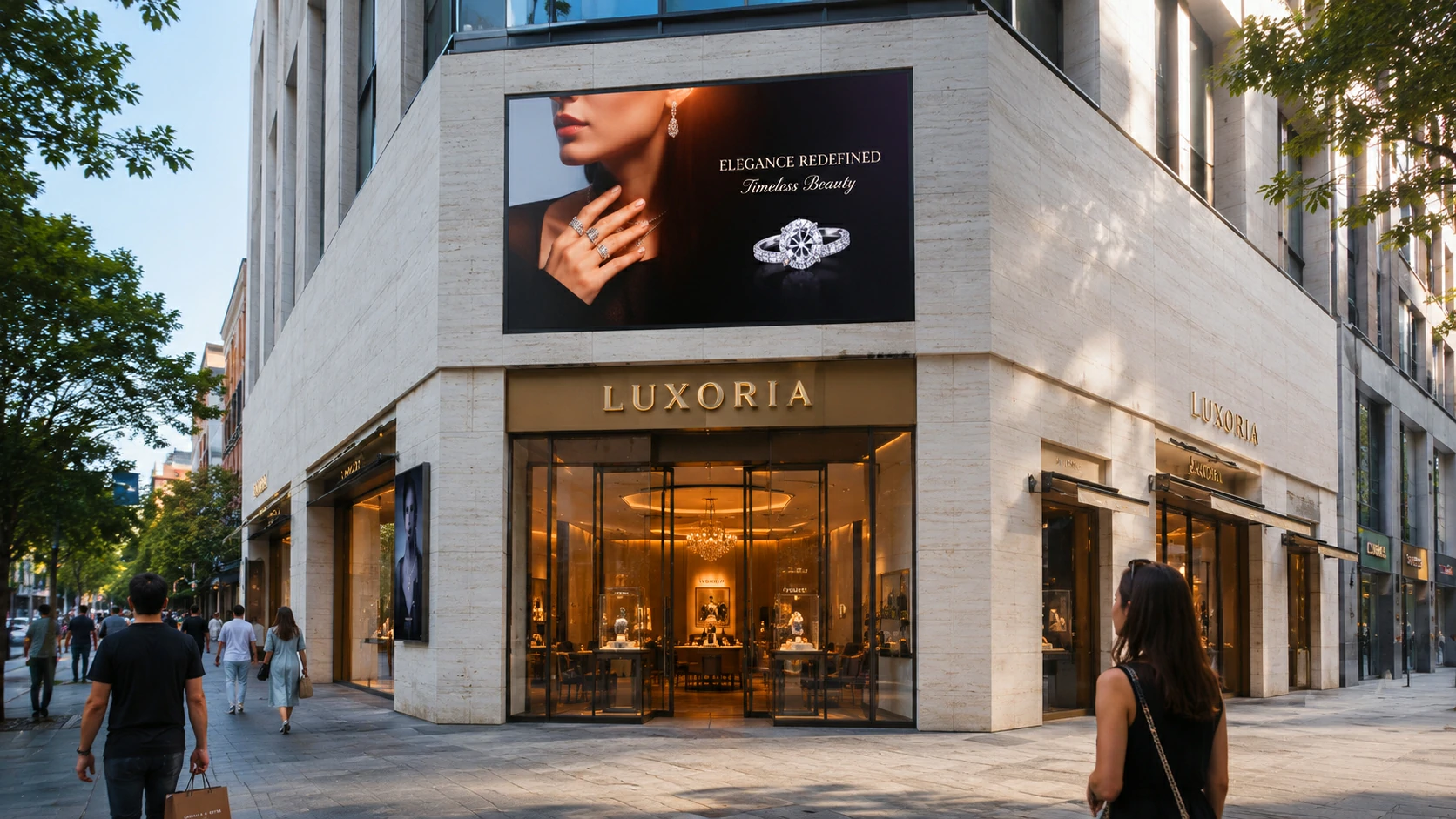small outdoor LED display installed above retail store entrance