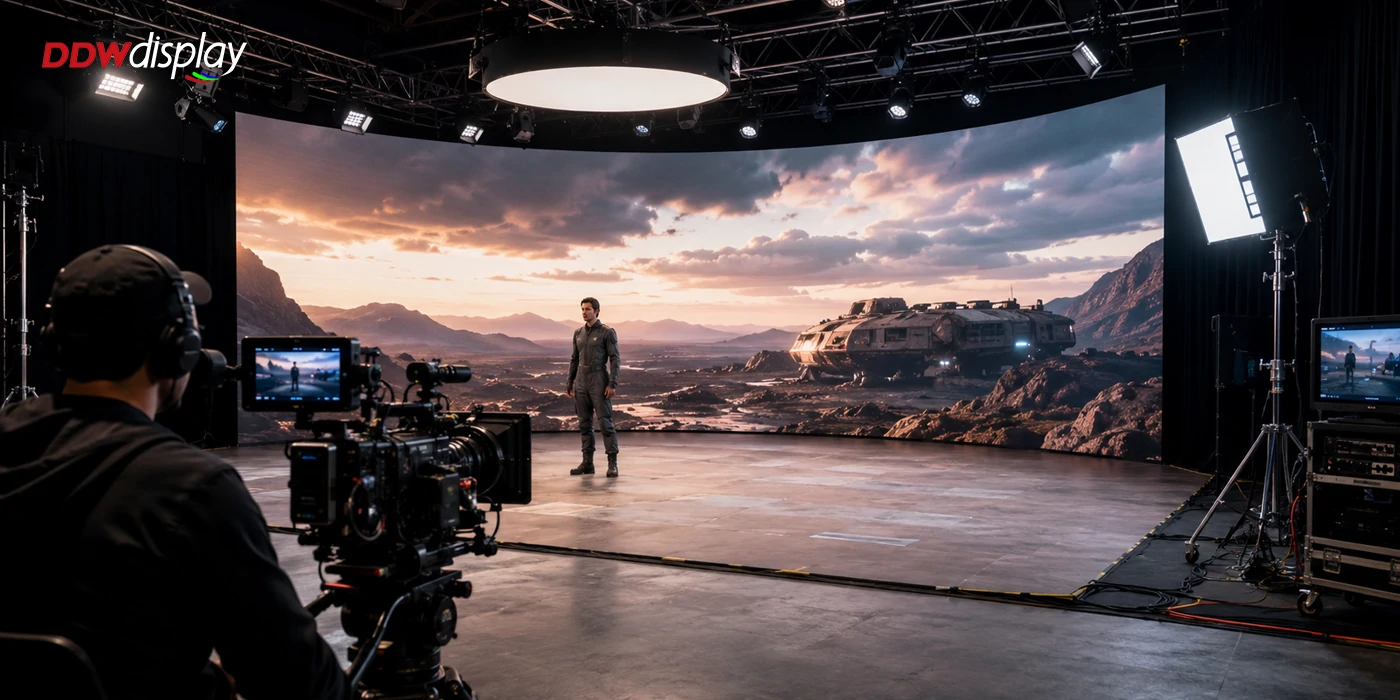 XR virtual production LED display with professional camera and studio environment