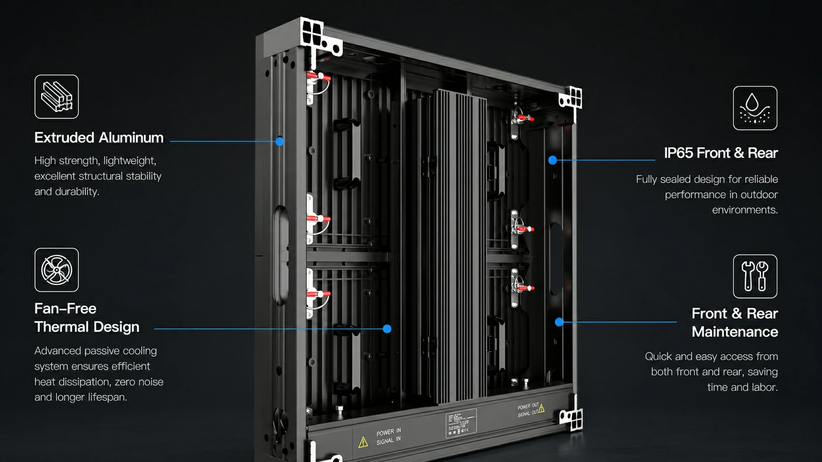 LUXIS IP65 extruded aluminum outdoor LED cabinet with front and rear maintenance