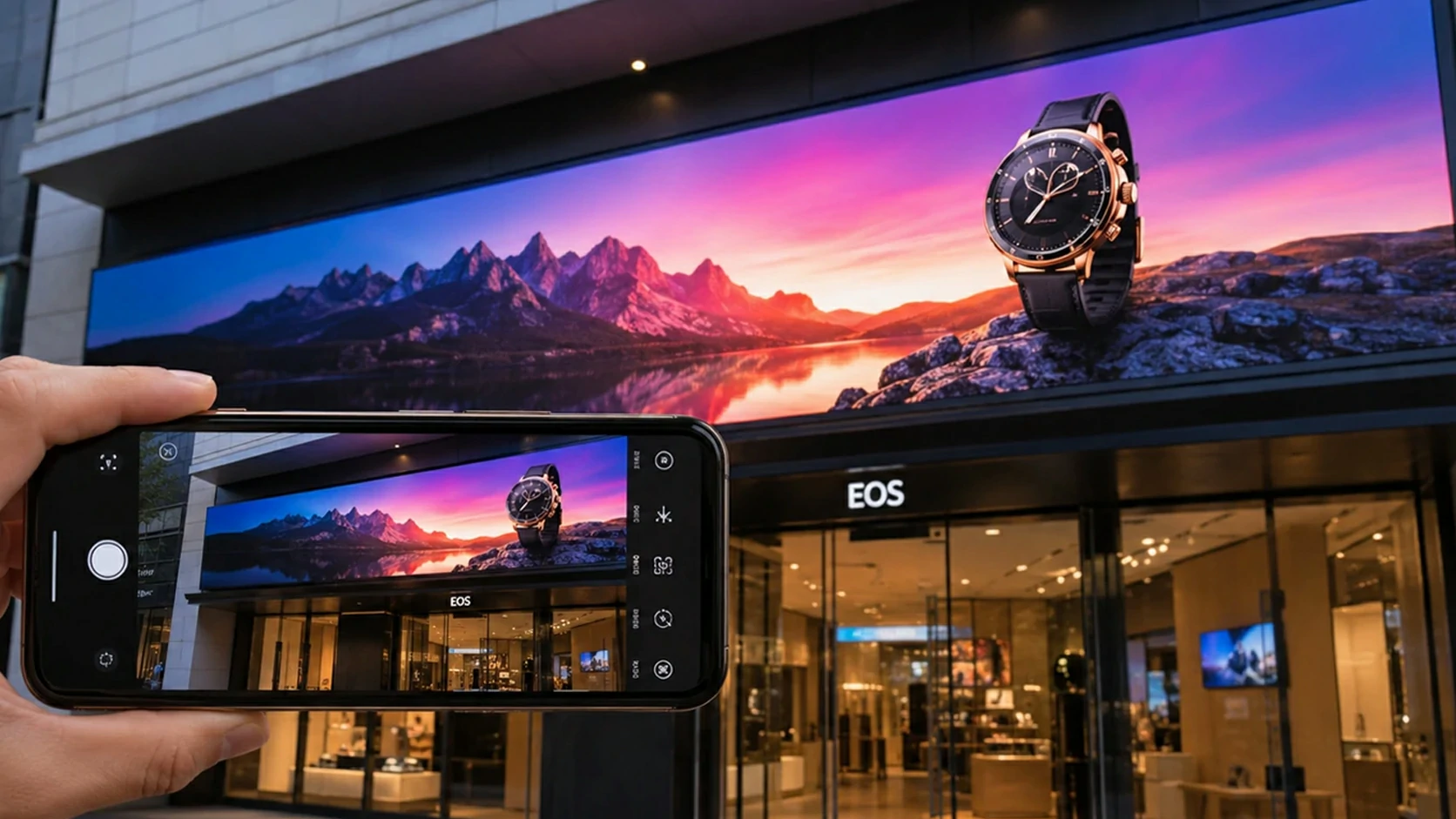 7680Hz high refresh NOVA storefront LED display recorded by smartphone