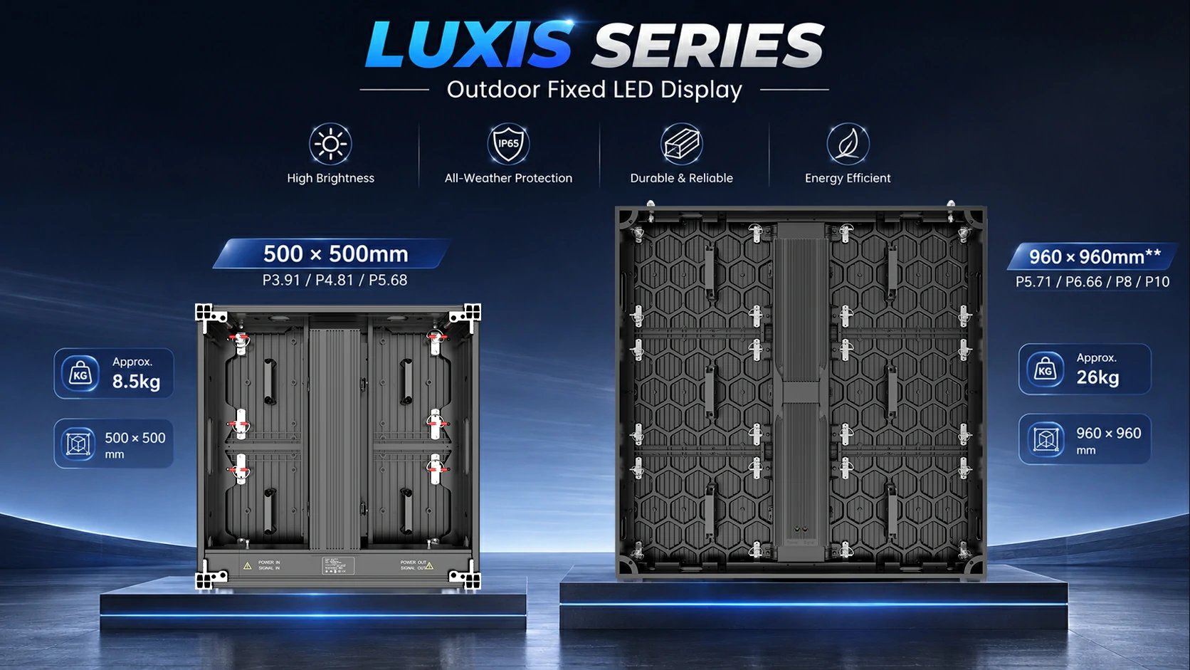 DDW LUXIS 500x500 and 960x960 outdoor LED cabinet sizes