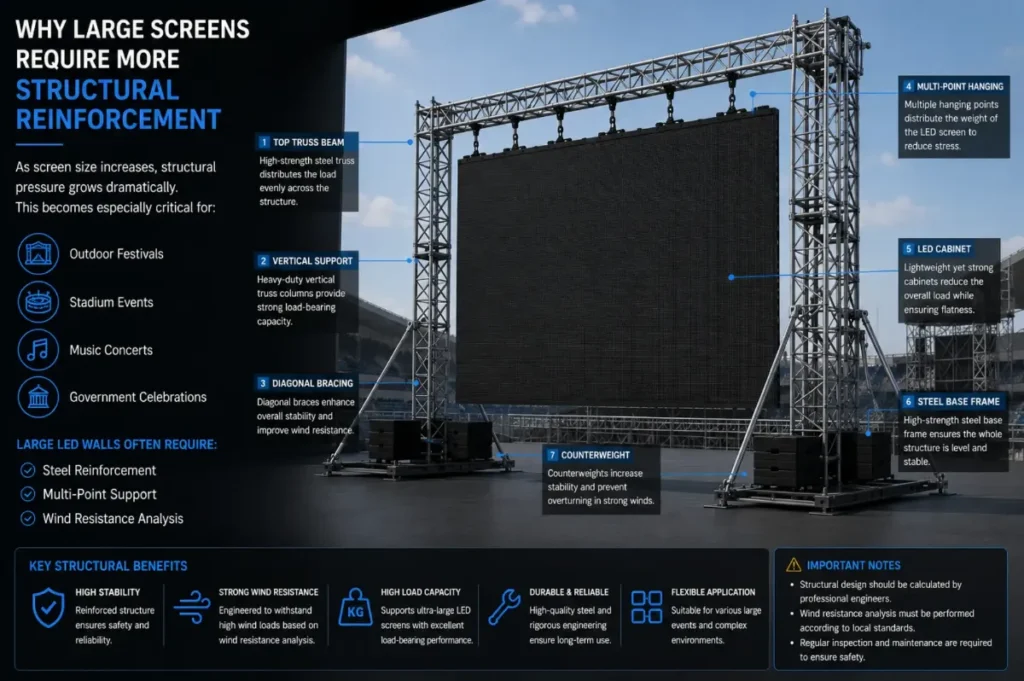 Ground support LED screen installation – Why Large Screens Require More Structural Reinforcement
