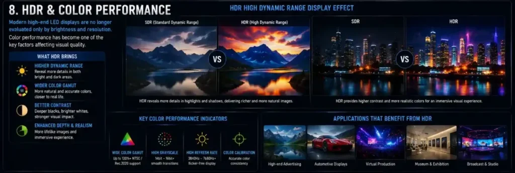 HDR vs SDR on an LED display: higher dynamic range, wider color gamut and better contrast