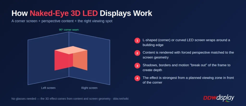 How naked-eye 3D LED displays work: L-shaped corner screen, perspective content and viewing zone