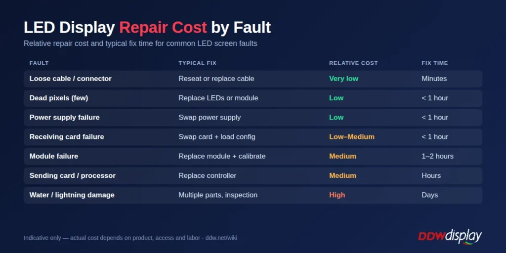 LED display repair cost by fault: cables, dead pixels, power supply, receiving card, module, controller and water damage