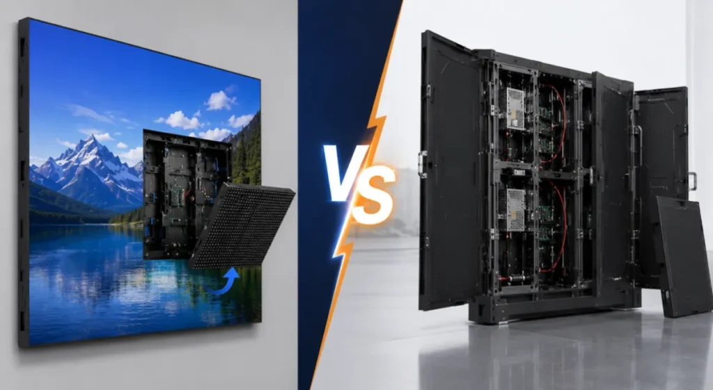LED display module removal comparison showing front access versus rear cabinet access