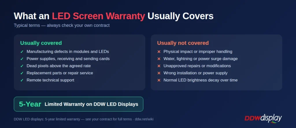 What an LED screen warranty usually covers, and the 5-year limited warranty on DDW LED displays
