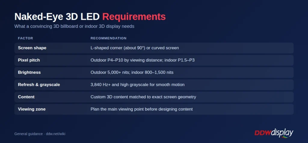 Naked-eye 3D LED display requirements: screen shape, pixel pitch, brightness, refresh rate, content and viewing zone
