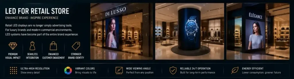 Retail LED displays in luxury stores: window-facing screens and in-store LED columns