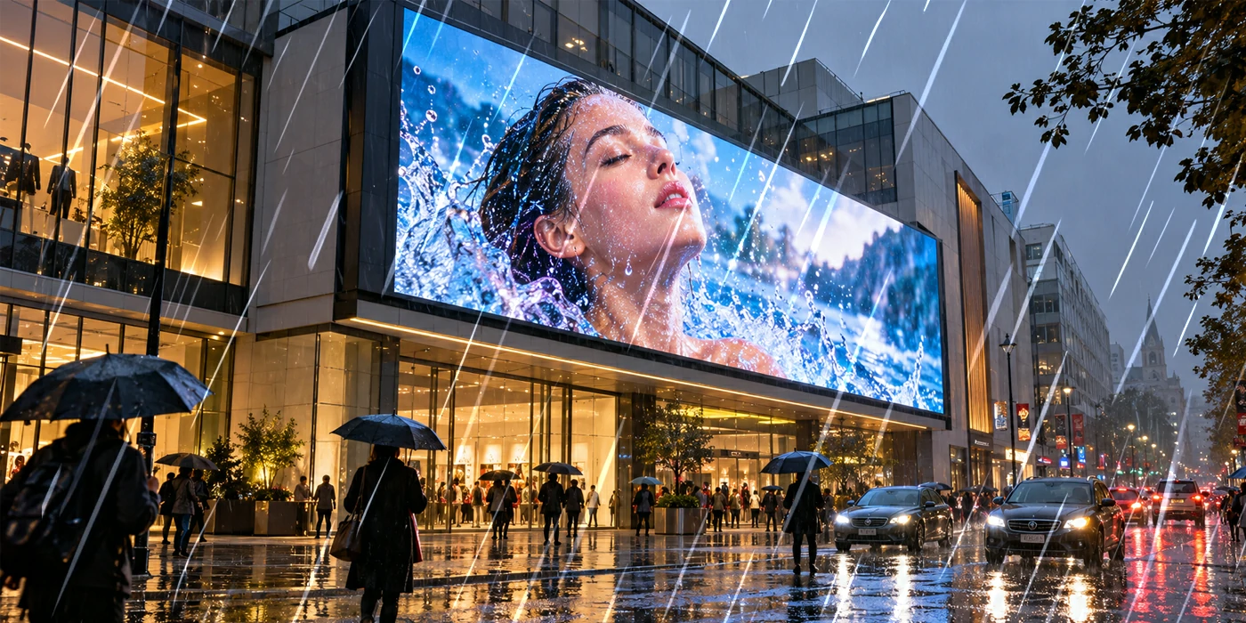 FA Series IP65 waterproof outdoor LED display operating in rain